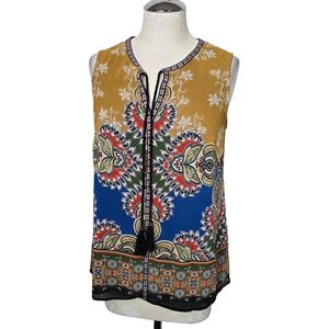 Daniel Rainn Printed V Neck Multi Colored Tassel Drawstrings Tank Blouse S